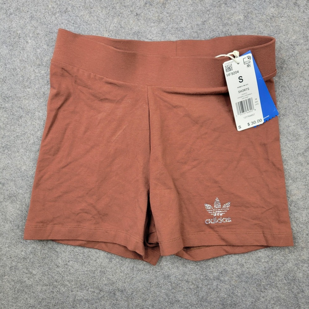 Adidas Shorts Womens Small Earth Brown Biker Trefoil Rhinestone Originals HF9204